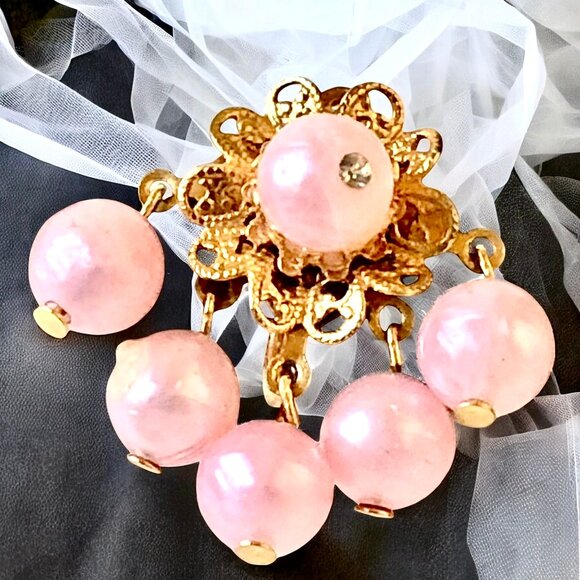 Mid Century Screw Back Earrings Pink Beads Cluster Goldtone Metal Dangling - Picture 1 of 11